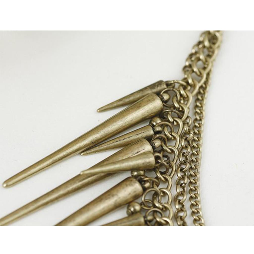 Punk Antique Brass Dangle Spike Rivet Tassels Multilayer Chain Necklace
