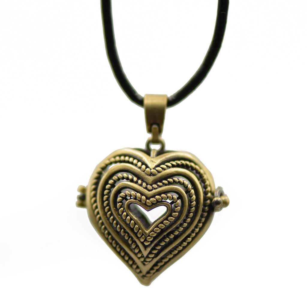 Vintage Bronze Copper Hollow Heart Locket Pendant Leather Necklace