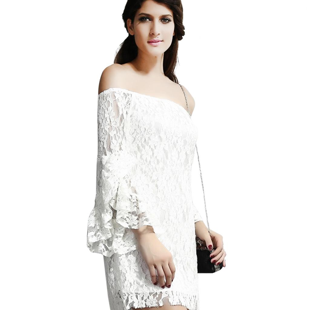 Long Sleeve Off Shoulder Lace with Tassel Dress - White M