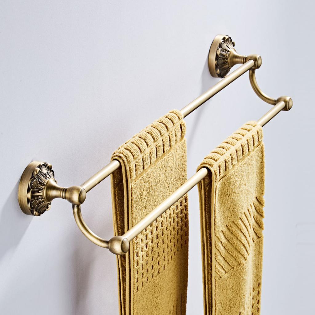 24inch Brass Bathroom Towel Rack with Hooks 2 Bars Towel Holder Hanger