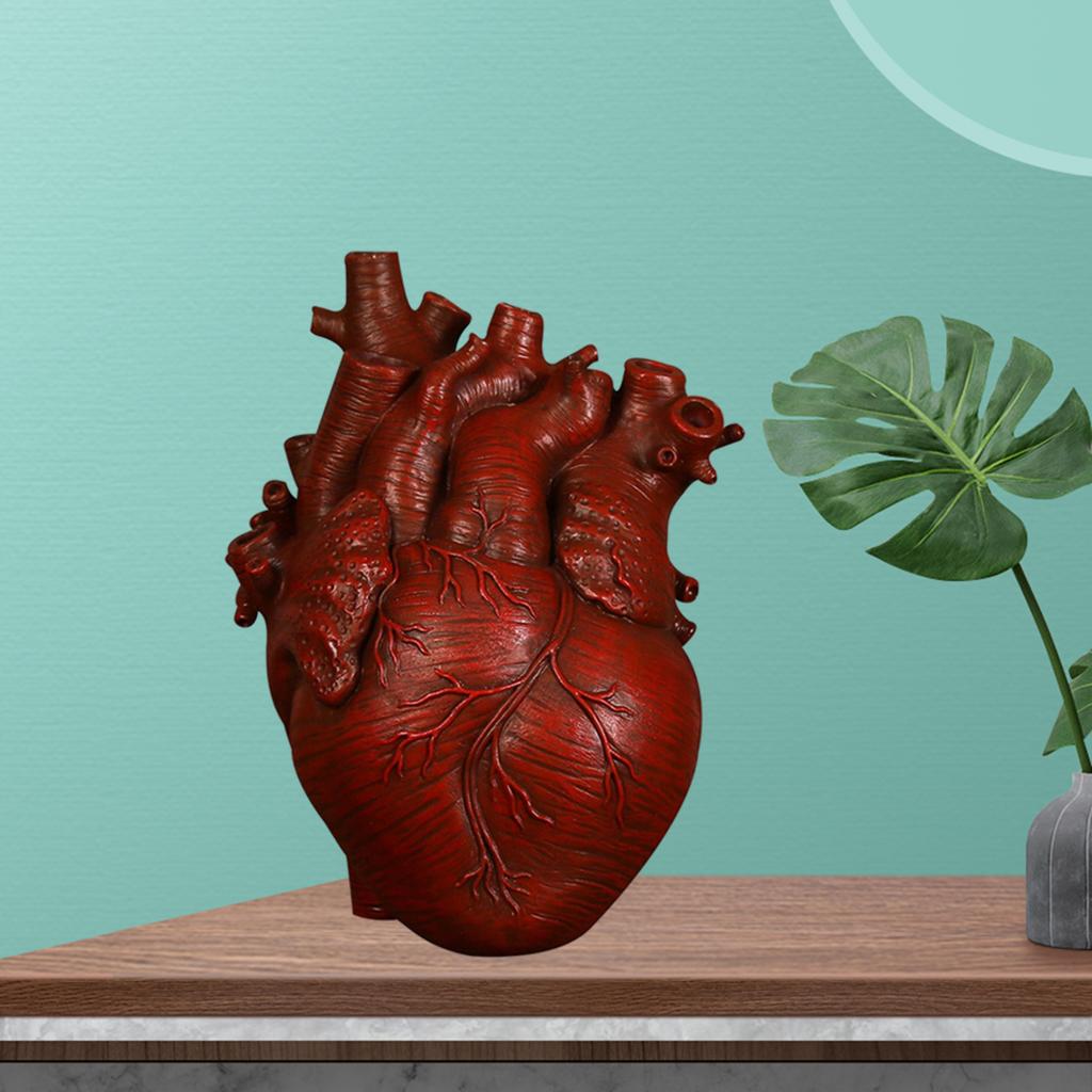 Anatomical Heart Vase Resin Statue Flower Pot Ornament Red 13x9x17CM