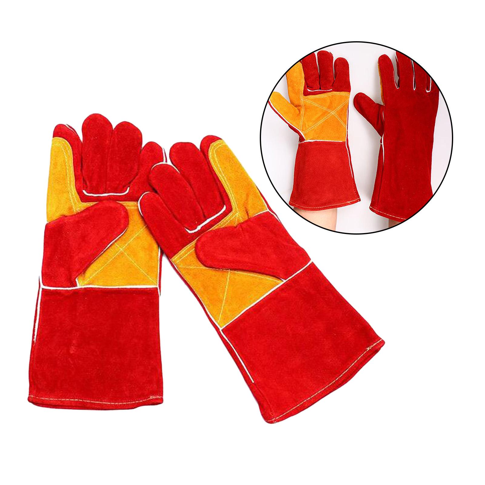 MIG Welding Gloves Cowhide Leather Wood Stoves Welder Cooking Red Yellow