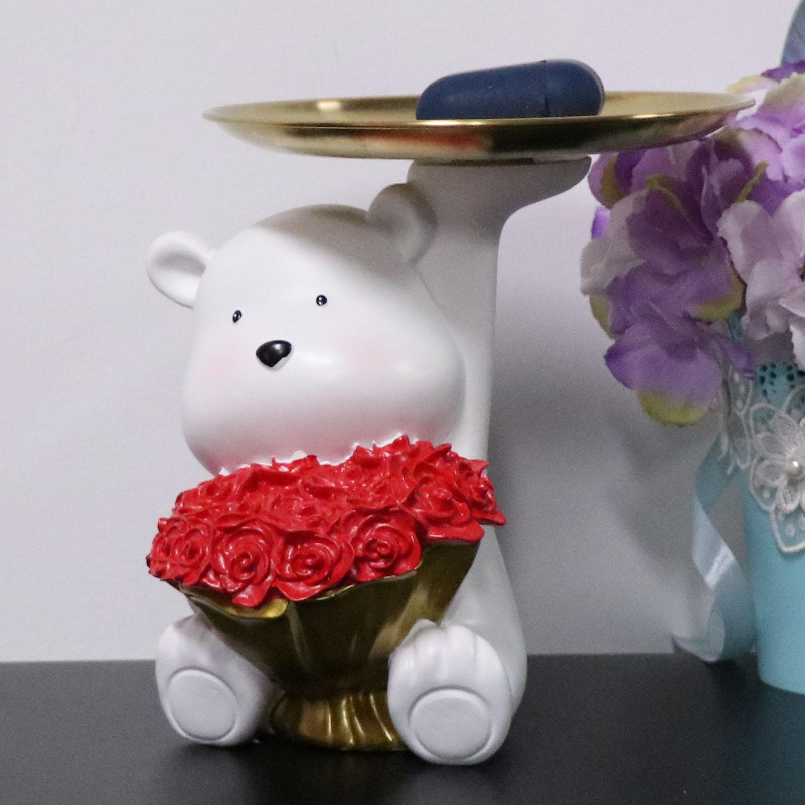 Resin White Bear Statues Figurine Sculpture Trinkets Key Holder Decor Flower