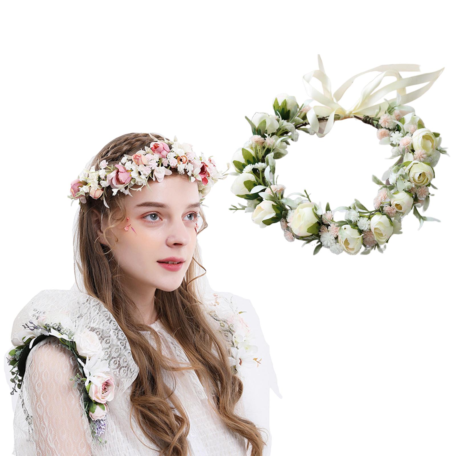 Flower Headband Bride Crown Tiaras with Adjustable Ribbon for Wedding Beige