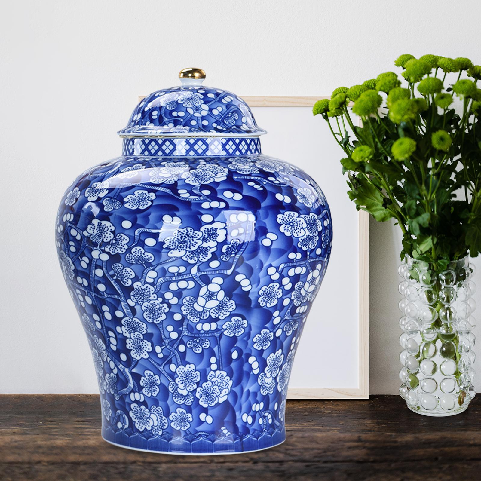 Chinese Style Plum Ceramic Bud Vase Ginger Jar with Lid Glazed Asian Decor