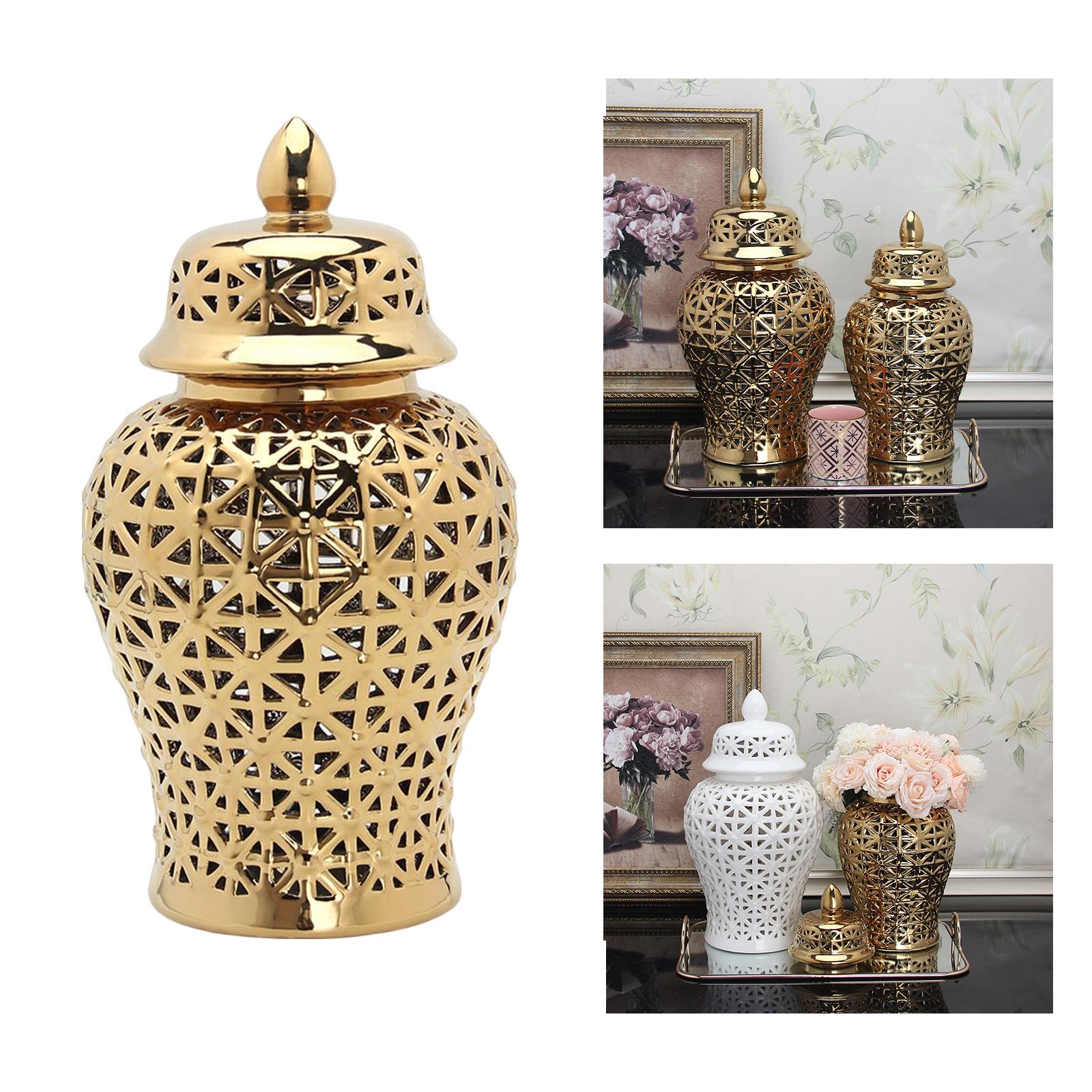 Porcelain Hollow Ginger Jar with Lid Temple Jar Organizer Golden 22cmx42cm