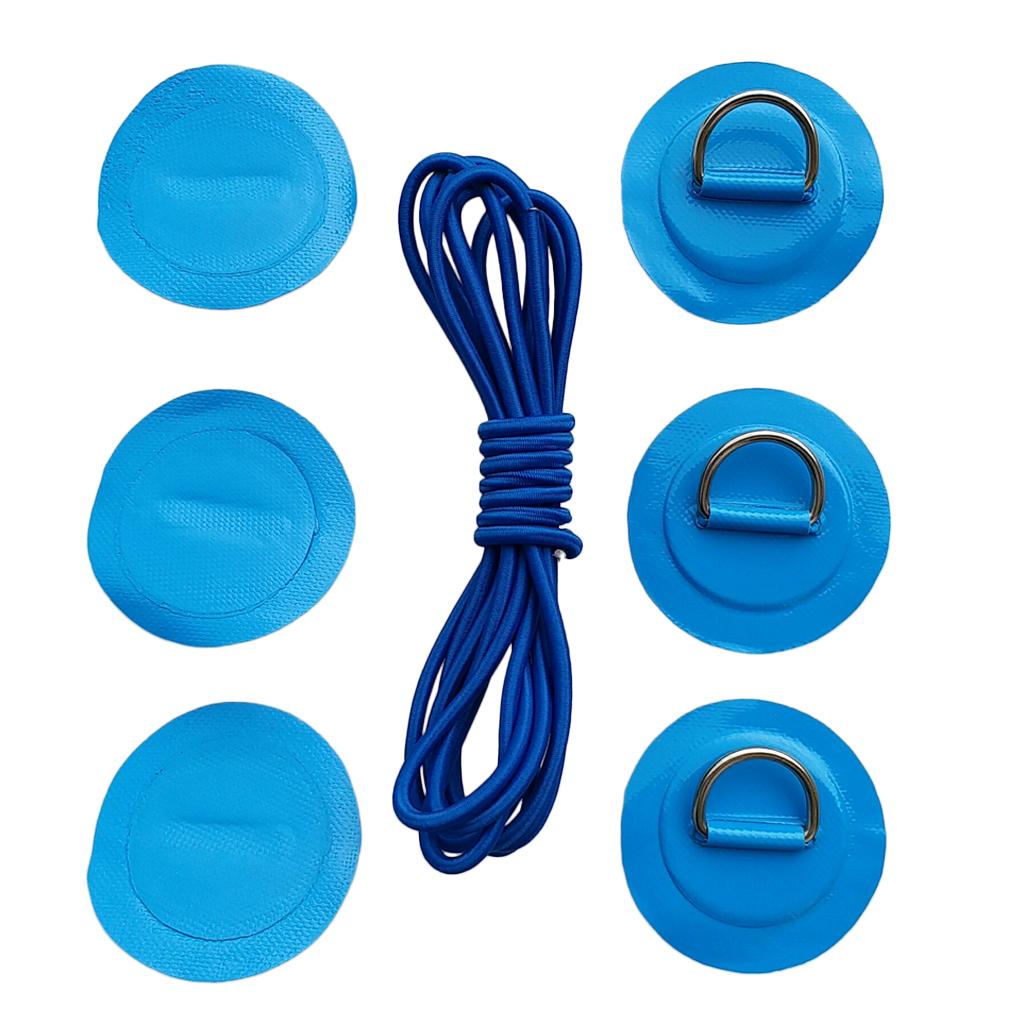 6 Pieces Inflatable Boat Kayak SUP D-ring Patch & Elastic Shock Cord Blue