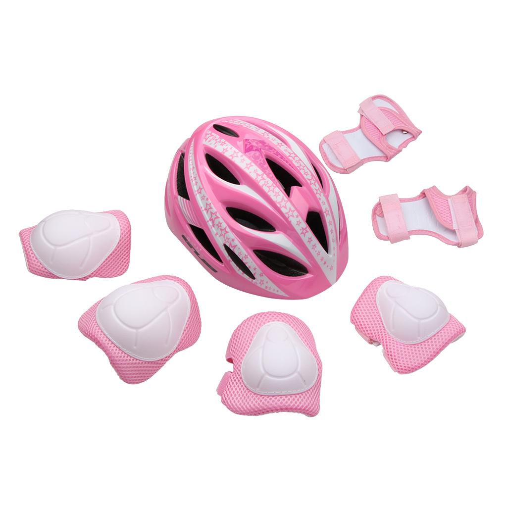 7Pcs Kids Skating Bicycle Protective Gear Helmet Knee Wrist Elbow Guard Pink