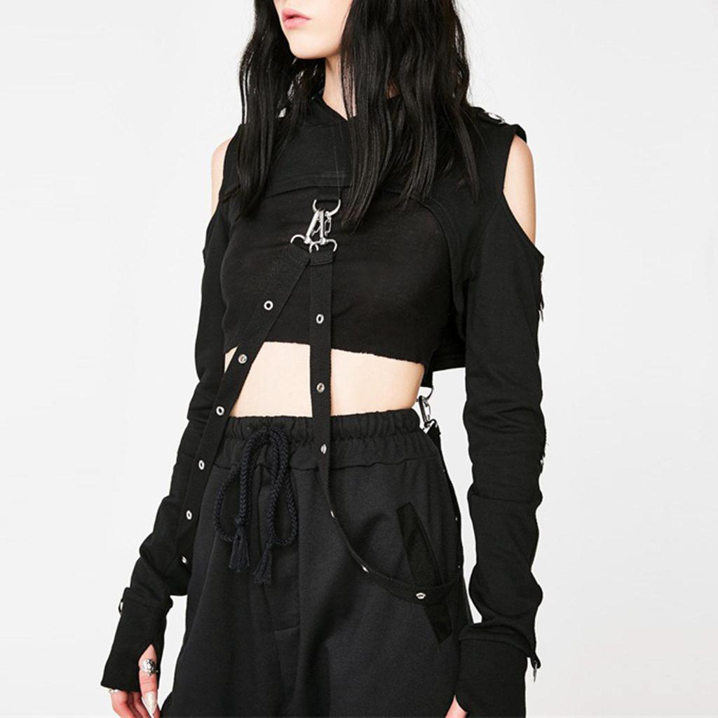 Gothic Womens Sexy Hoodies Bandage Metal Crop Tops Pullover Sweatshirts  L