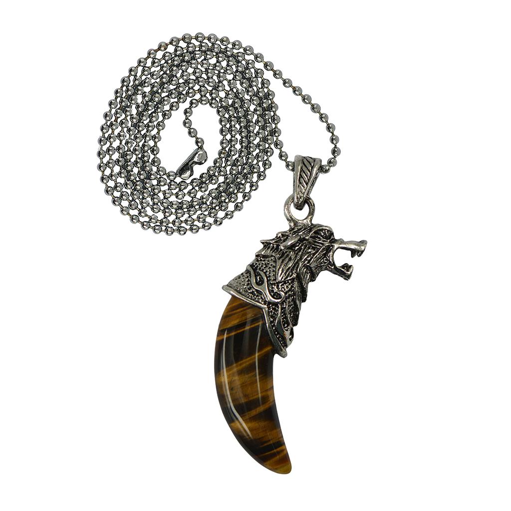 Mens 3D Wolf Tooth Head Opal Pendant Ball Chain Necklace Yellow