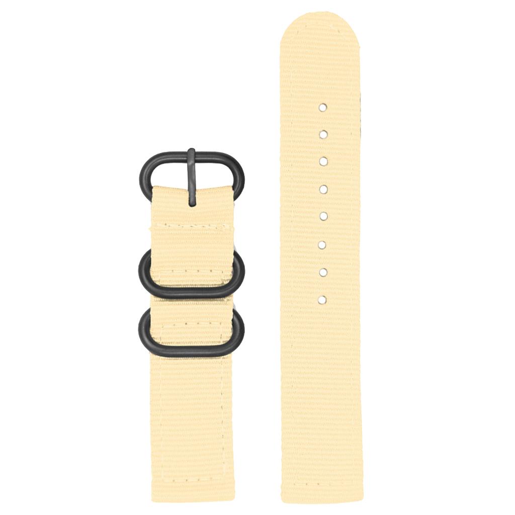 Beige Nylon Watch Band Stainless Steel 3-ring Buckle Wristband Replace 24mm