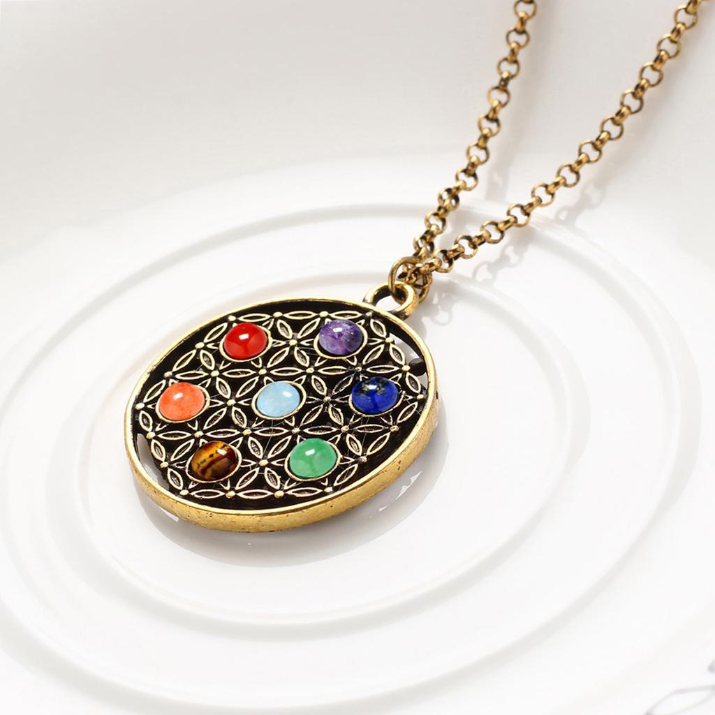 Round Genstone Yoga Mandala Pendant Necklace Talisman Women Jewelry Gold