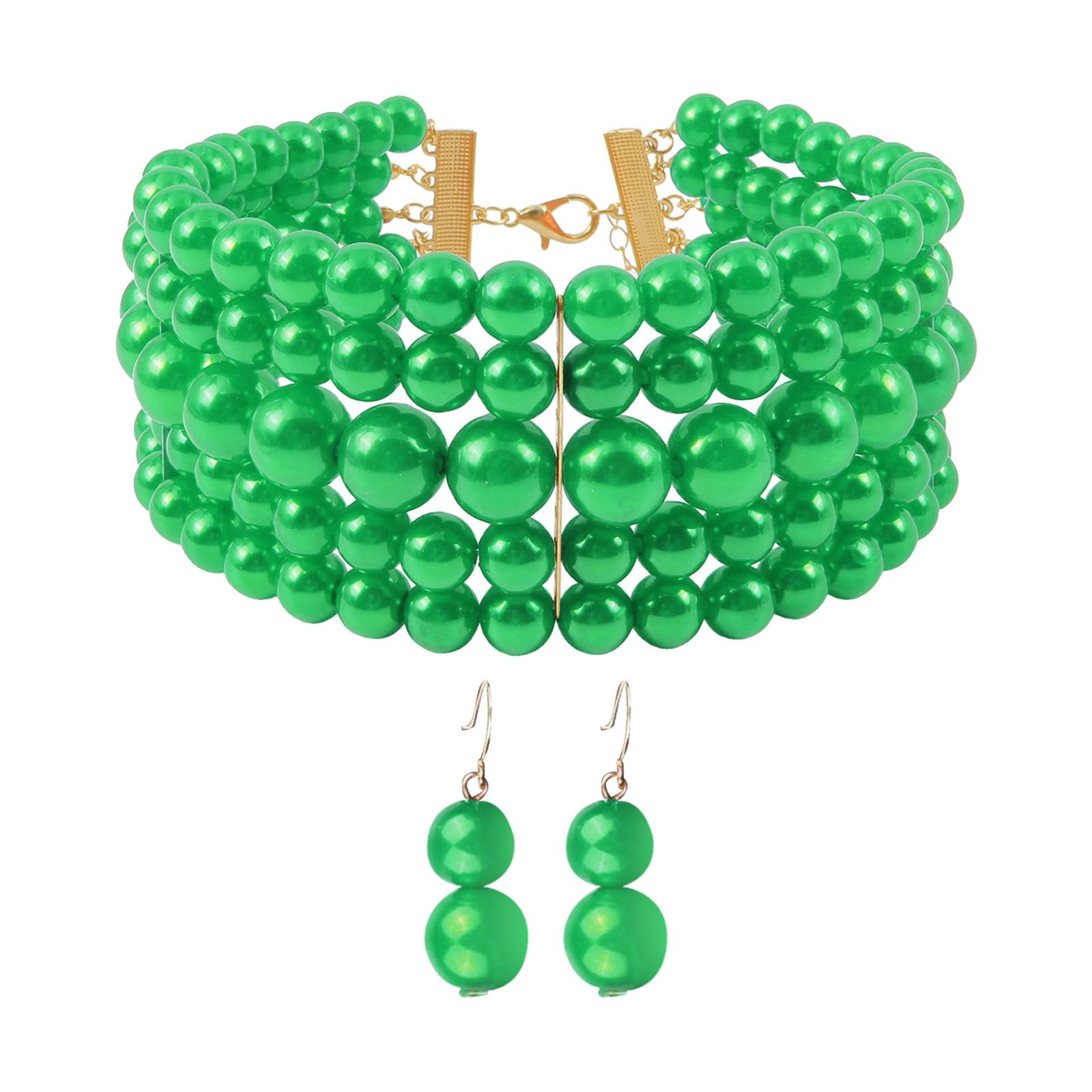 Pearl Choker Necklace and Earrings for Women Costume Jewelry Set Green