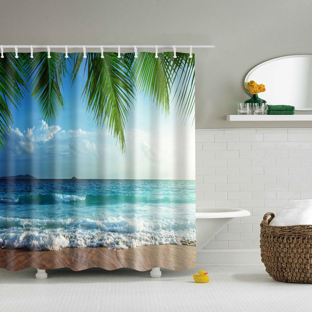 12pcs Hooks Waterproof Fabric Nature Scenery Bathroom Shower Curtain Panel Sheer 