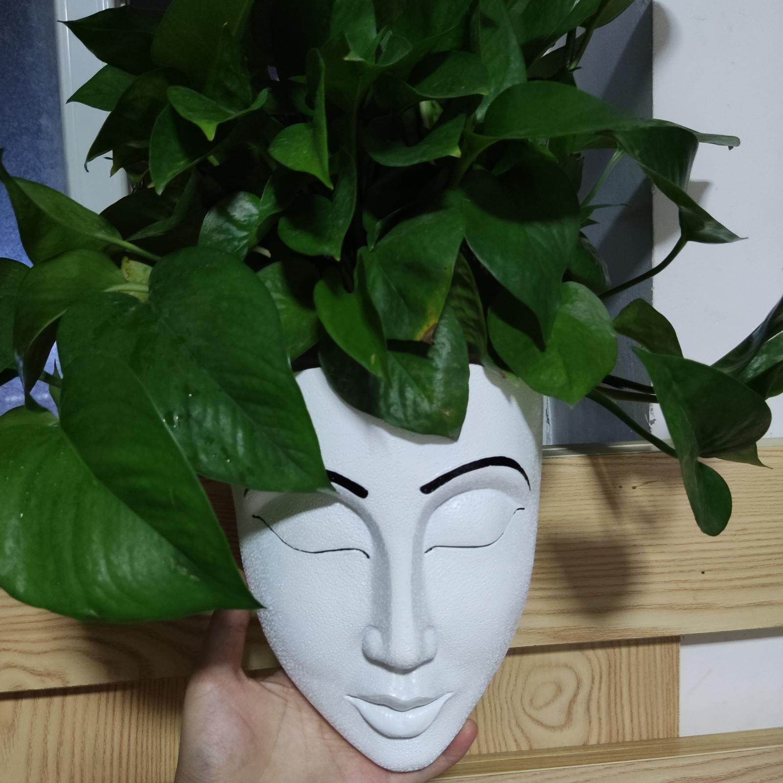 Female Face Flower Planter Pot Head Plant Resin Container Drainage Hole B