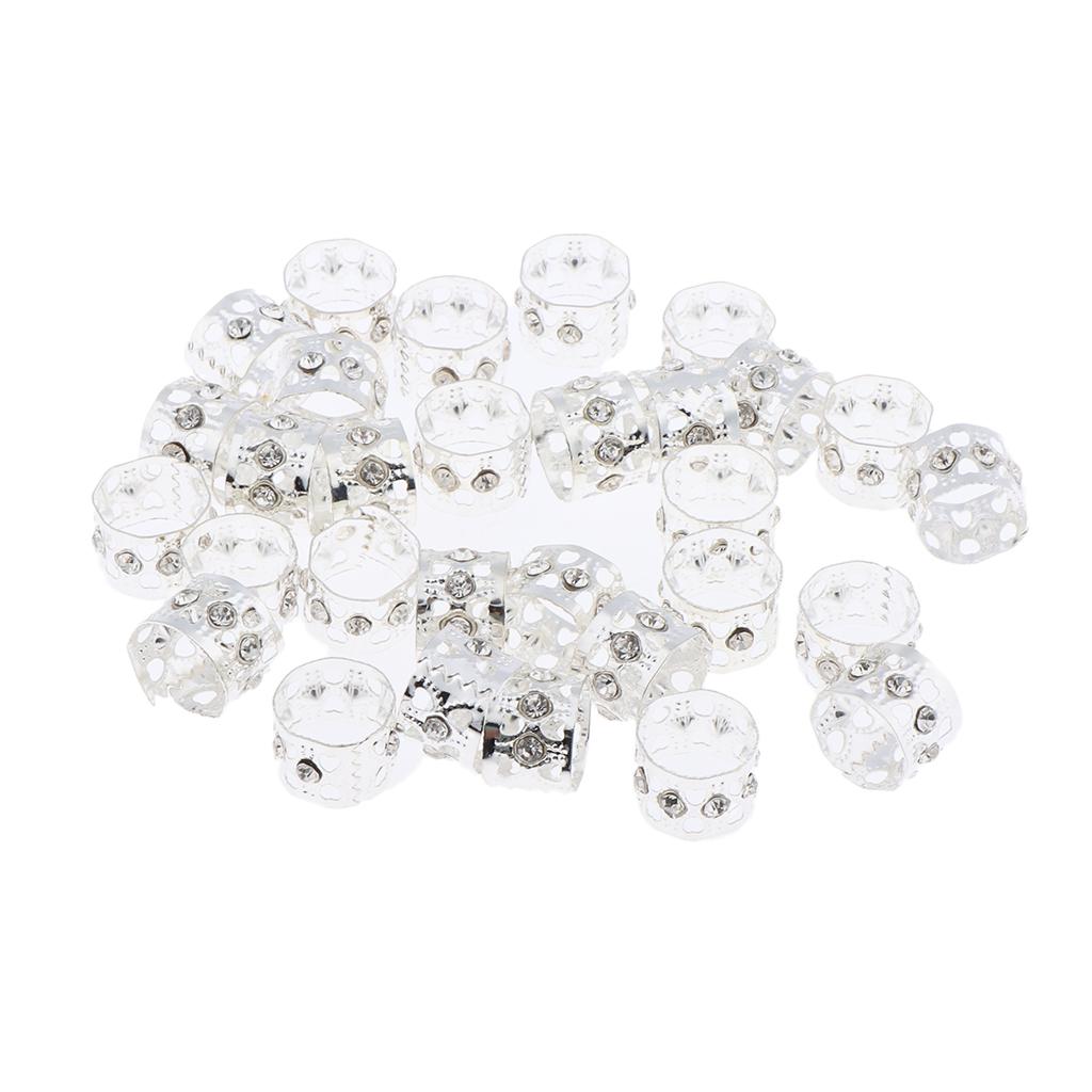 30pcs Crystal Hair Cuffs Aluminum Dreadlock Beads DIY Hairstyle Braid Silver
