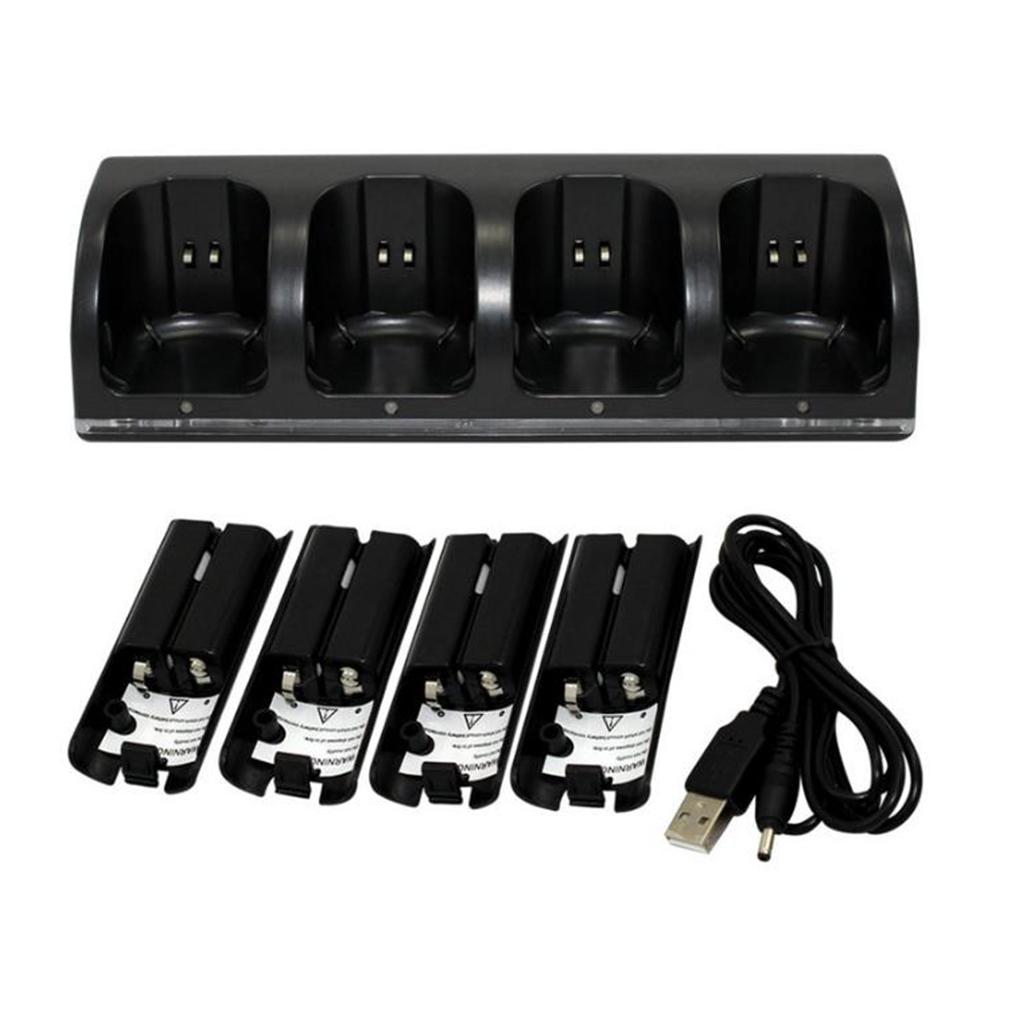 Charging Dock Station +4* 2800mAh Batteries For Wii Remote Controller Black