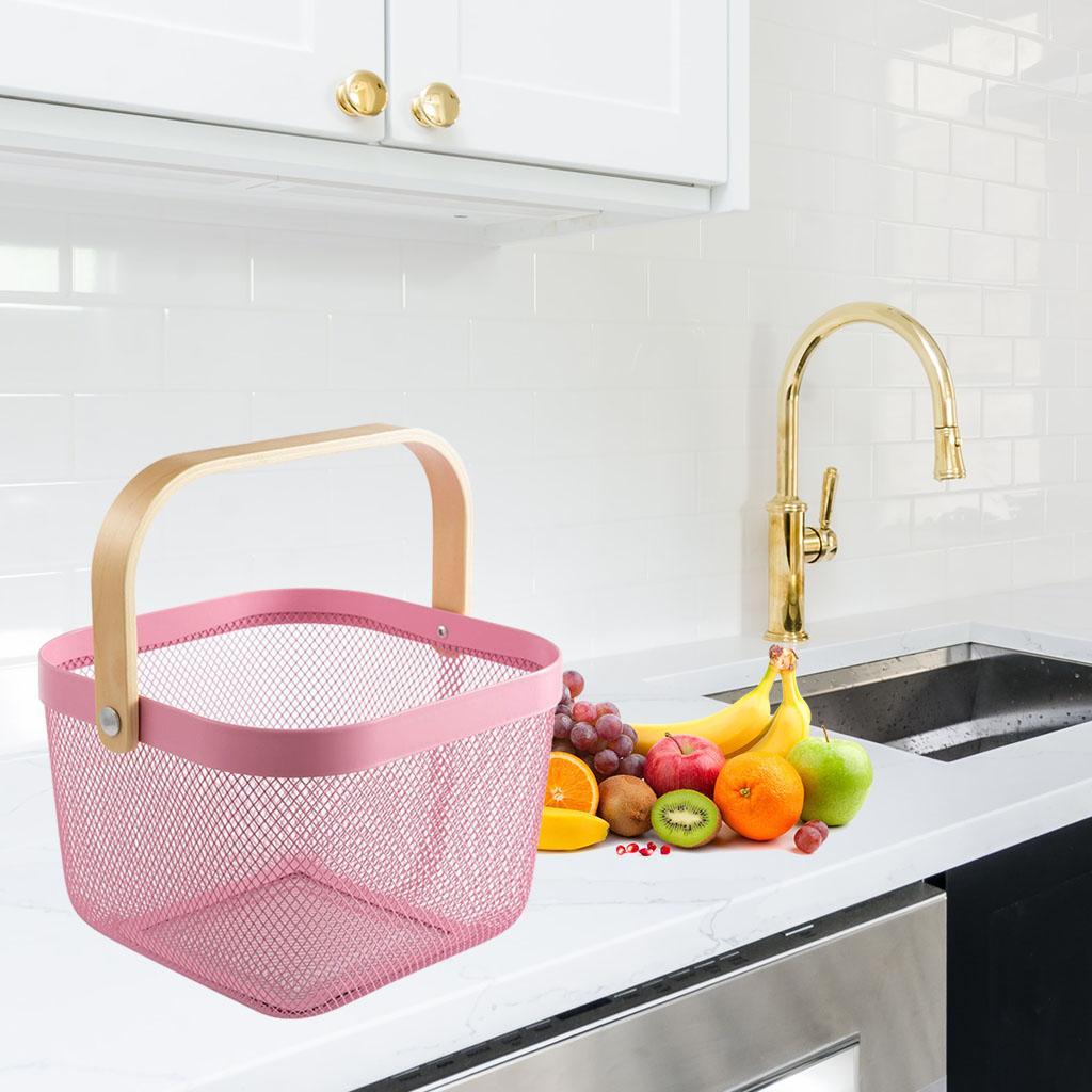 Mesh Storage Basket with Wooden Handle Vegetables Food Kitchen Organizer Pink