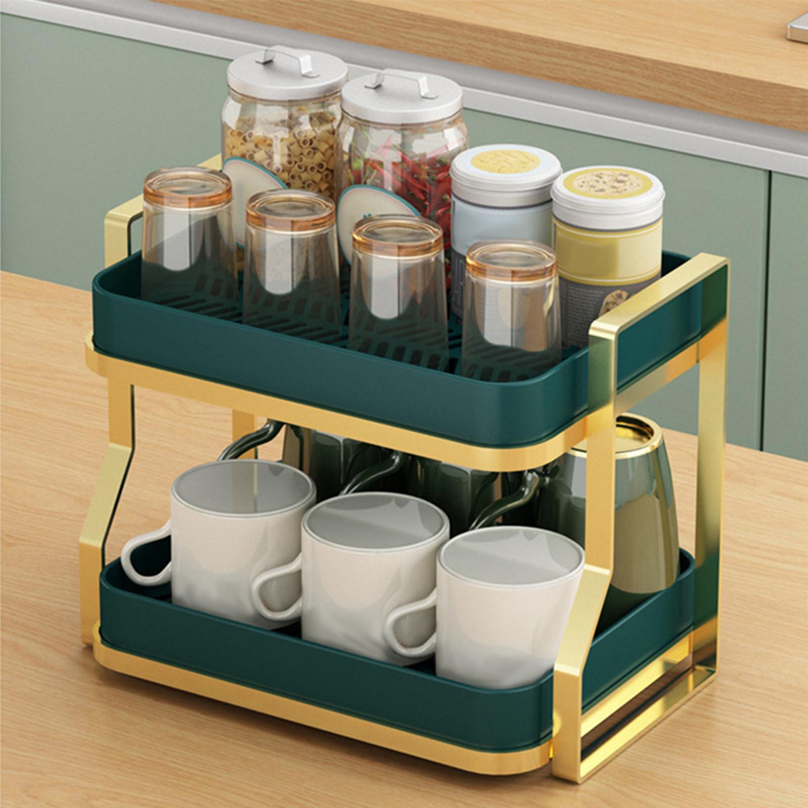 Double Layer Kitchen Countertop Organizer Shelf with Drain Tray Green