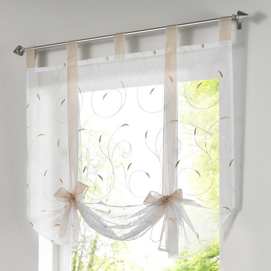 Tie Up Roman Curtains Tap Top Embroidery Sheer Voile Kitchen Window   72000509 17 Image 