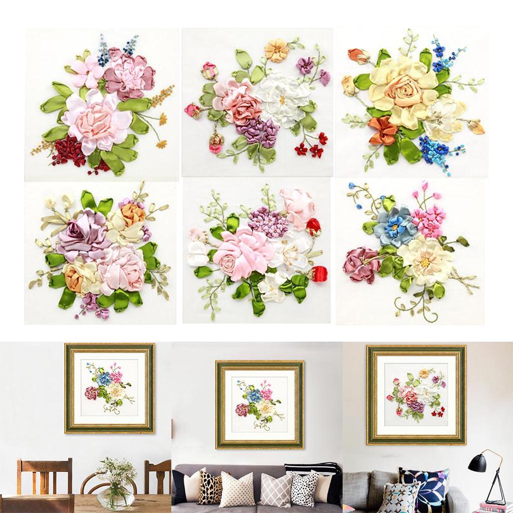 2x Ribbon Embroidery Kits DIY Flower Painting Kit/ Stamped Cross Stitch