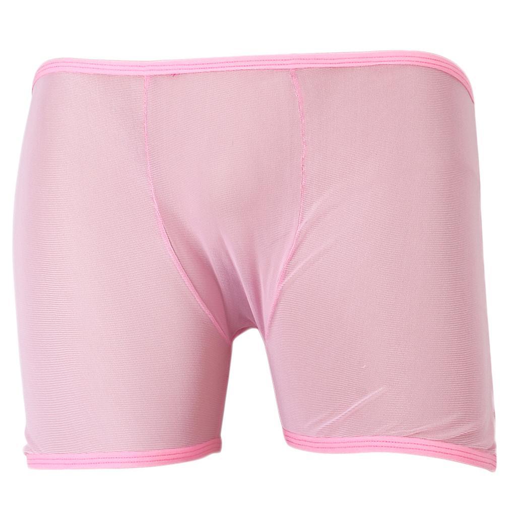 Men Sexy Soft Spandex Mesh Boxer Brief Pants Pink Frame -Pink