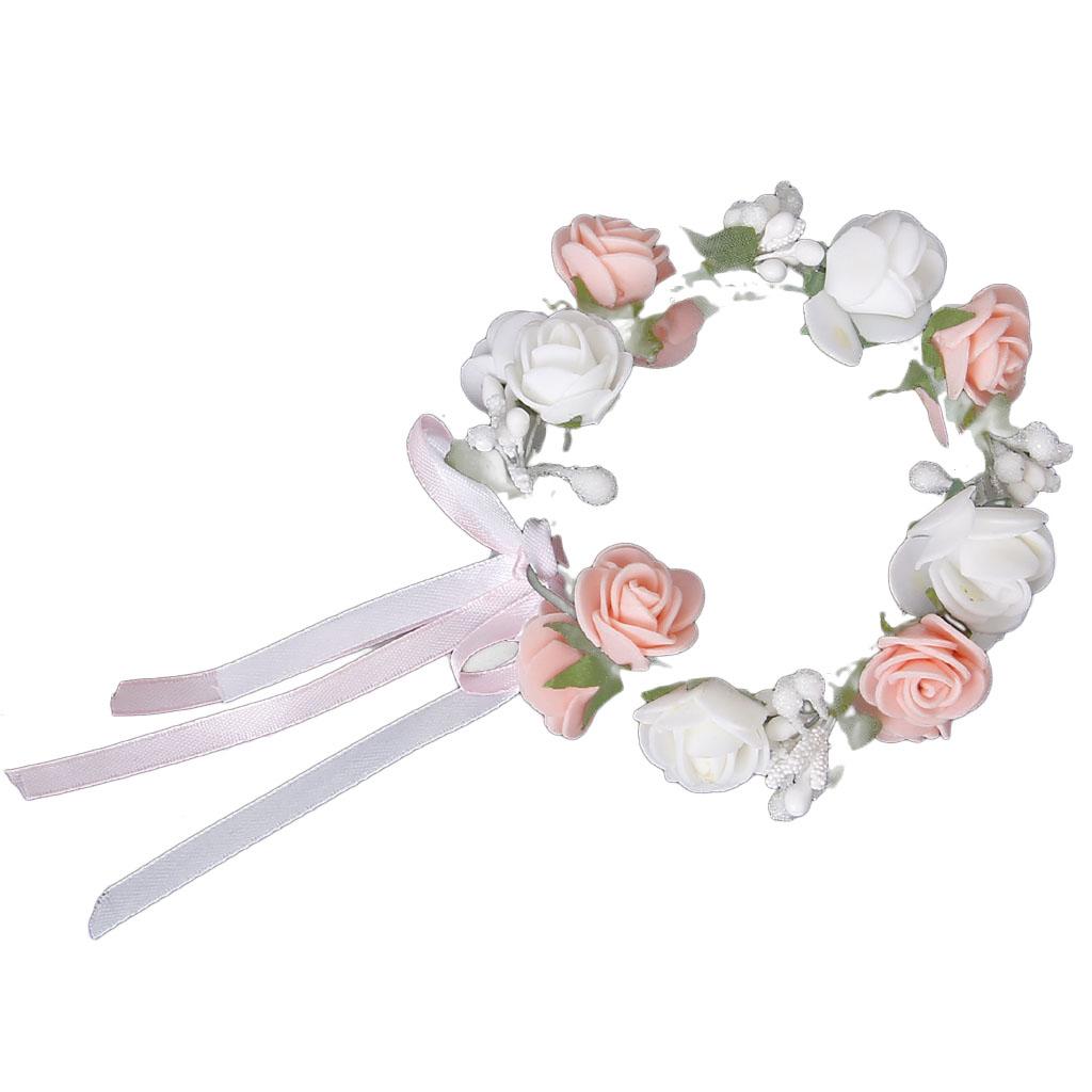 White and Pink Double Layer Rose Flower Garland Bridal Wedding Bracelet Wristband Photo Prop 
