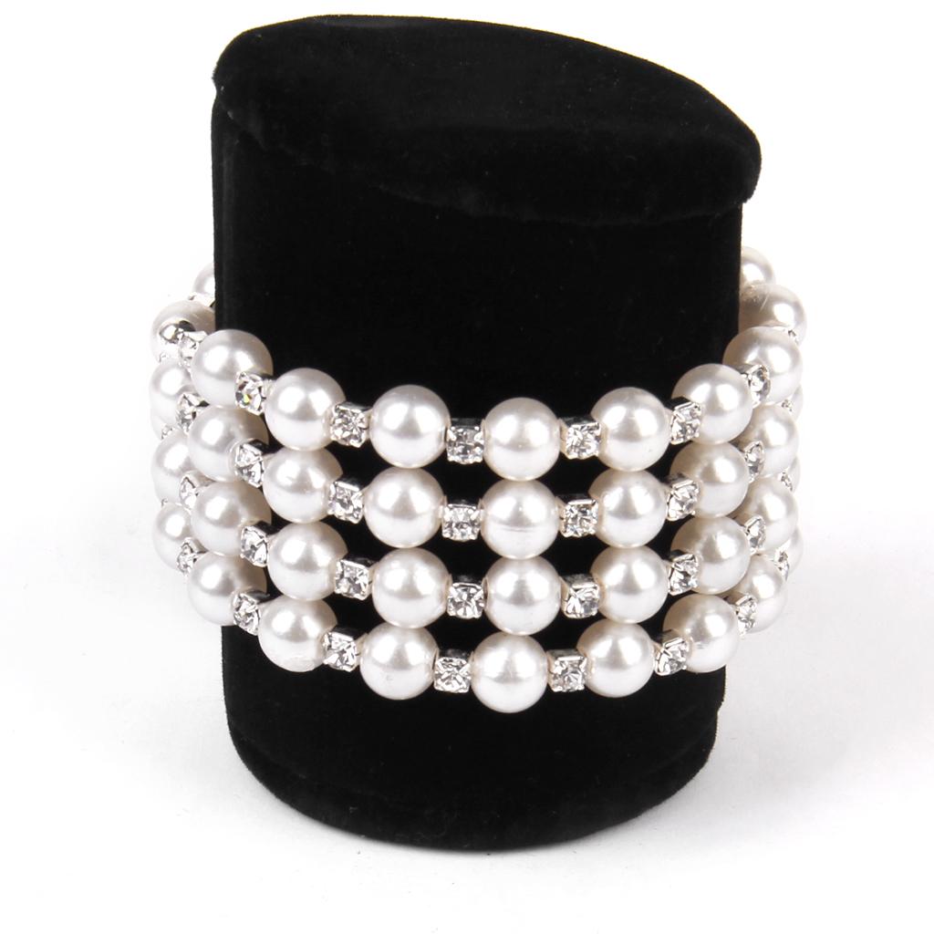 Wedding Bridal Jewelry 4 Row Pearl Crystal Rhinestone Bangle Bracelet