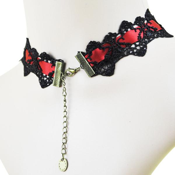 Fashion Red Gem Pendant Lace Collar Necklace Choker Chunky Red Black