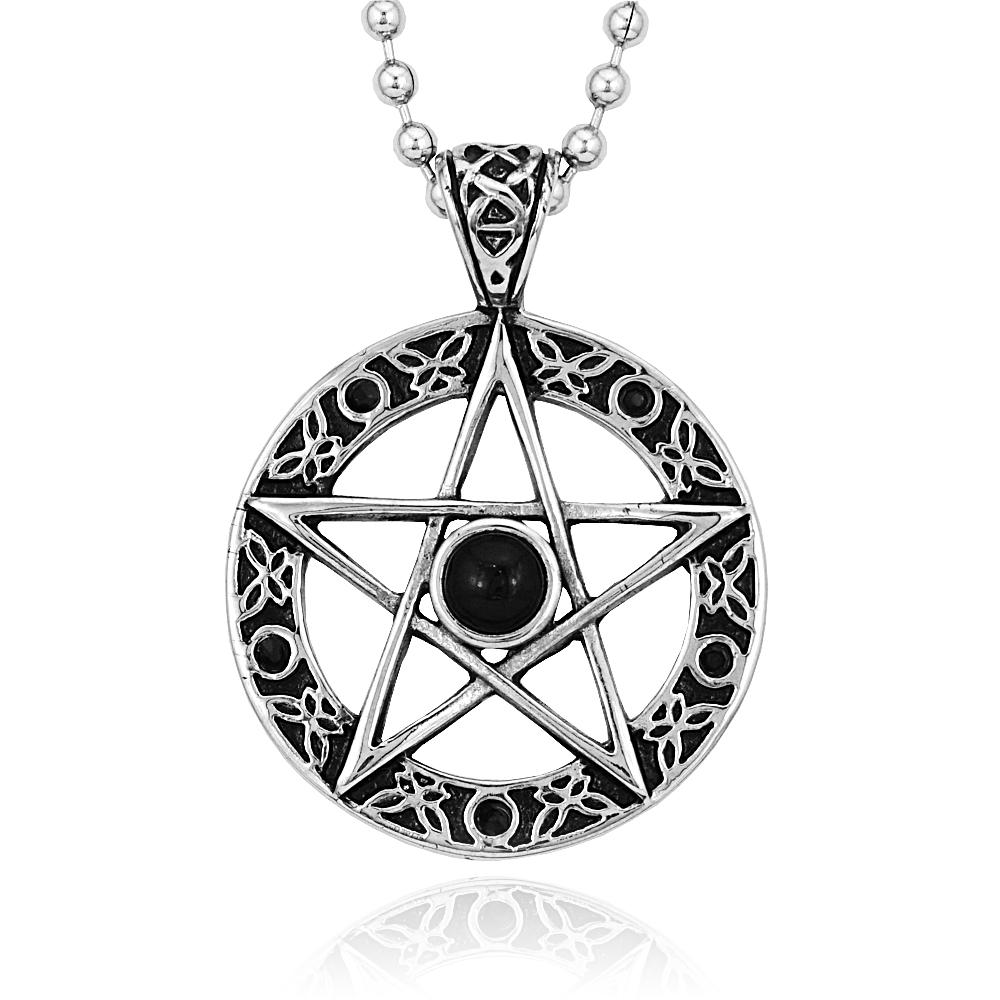 Stainless Fashion Pentacle Pentagram Star Black Rhinestone Pendant Necklace