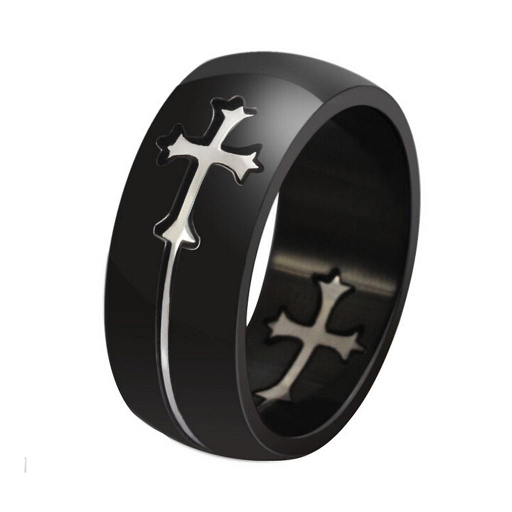 Detachable Black Silver Stainless Steel Cross Finger Ring US size 14