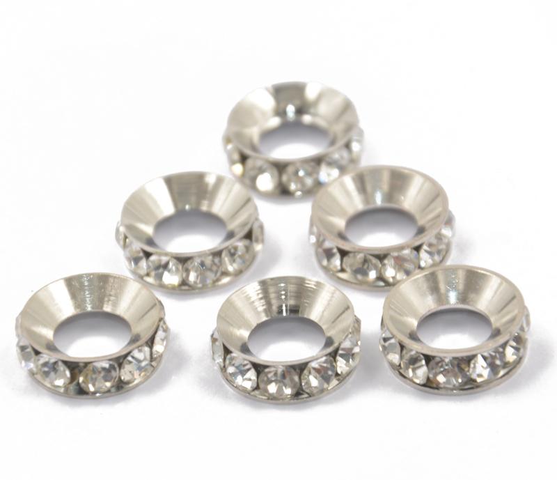 6Pcs Clear Rhinestone European Big Hole Silver Plated Spacer Rondelle Beads