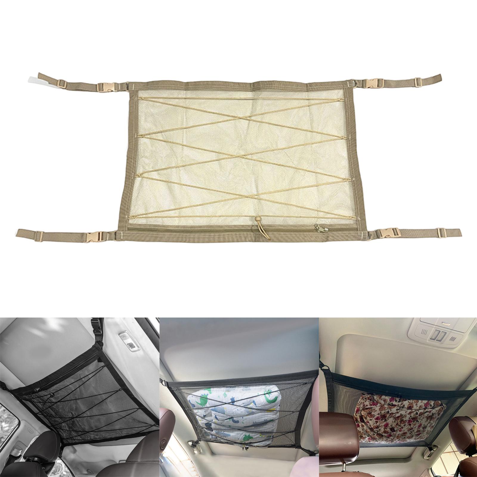 Double Layer Car Ceiling Storage Net Adjustable for Towels Tent SUV Beige 80cmx55cm