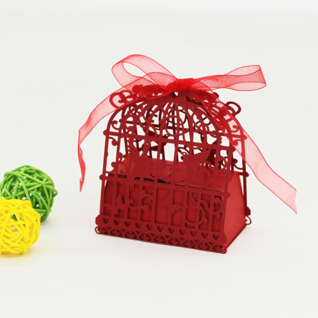 20PCS Bird Cage Laser Cut Gift Candy Box w/ Ribbon Wedding Party Favor Red