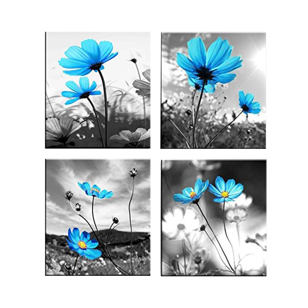 4 Panels Unframed Canvas Picture for Wall Home Decor Blue Flower