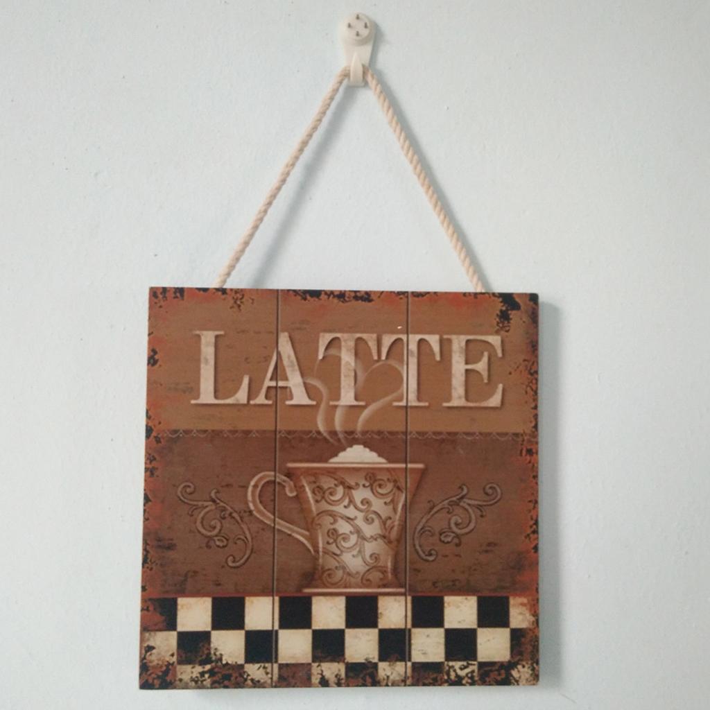 Wooden Wall Art Coffee Plaque Sign with Rope for Cafe Bar Decoration B