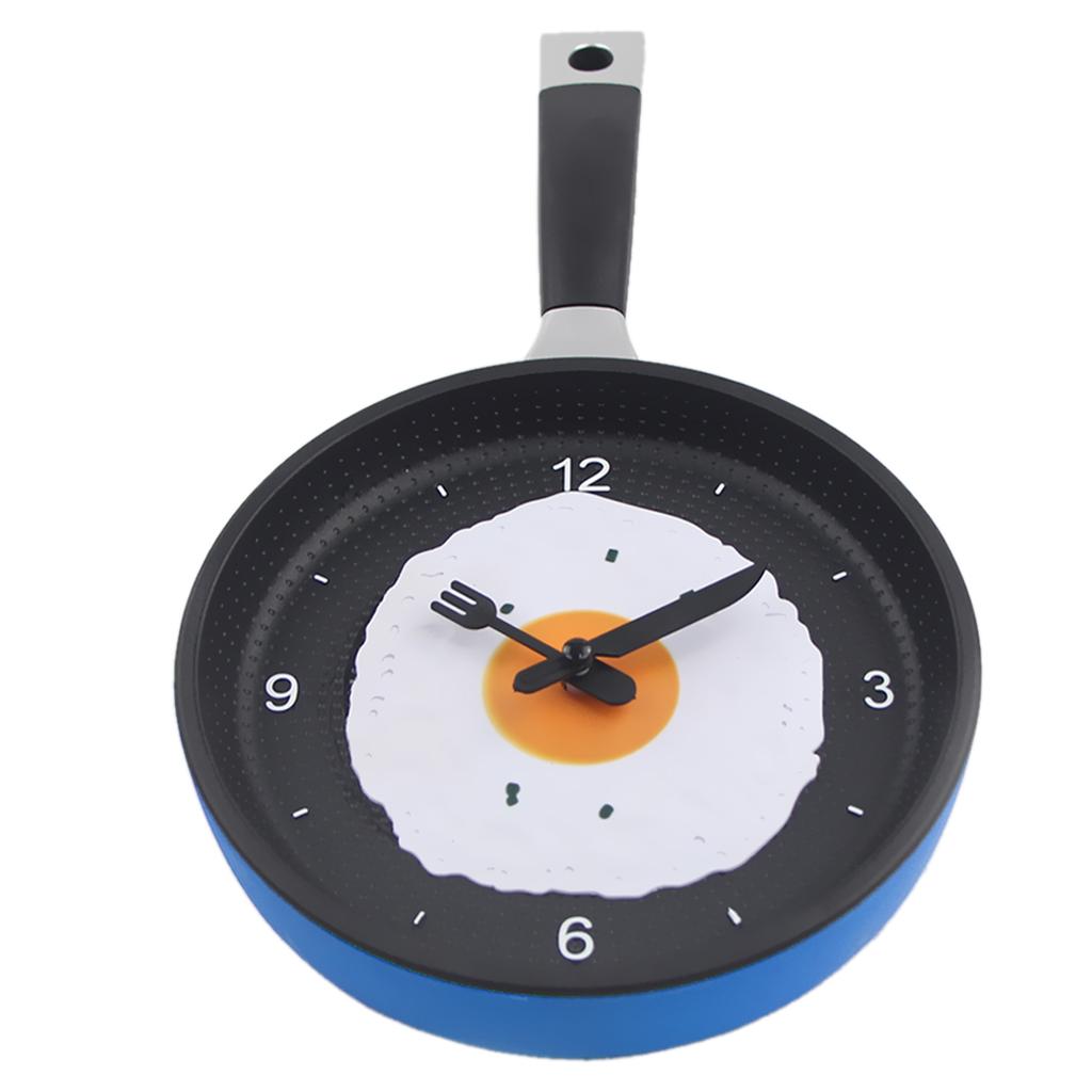 Creative Pan with Fried Egg Shape Wall Clock for Kitchen Bedroom Blue
