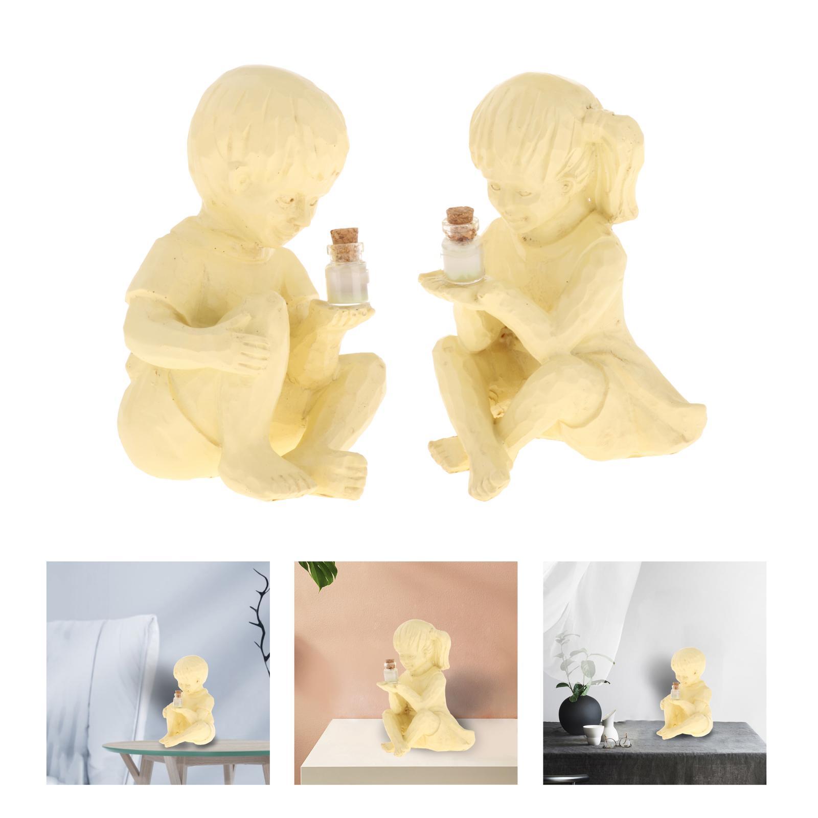 BOY GIRL Statue Lighted Fireflies in Jar Ornament Figurine Garden Craft A