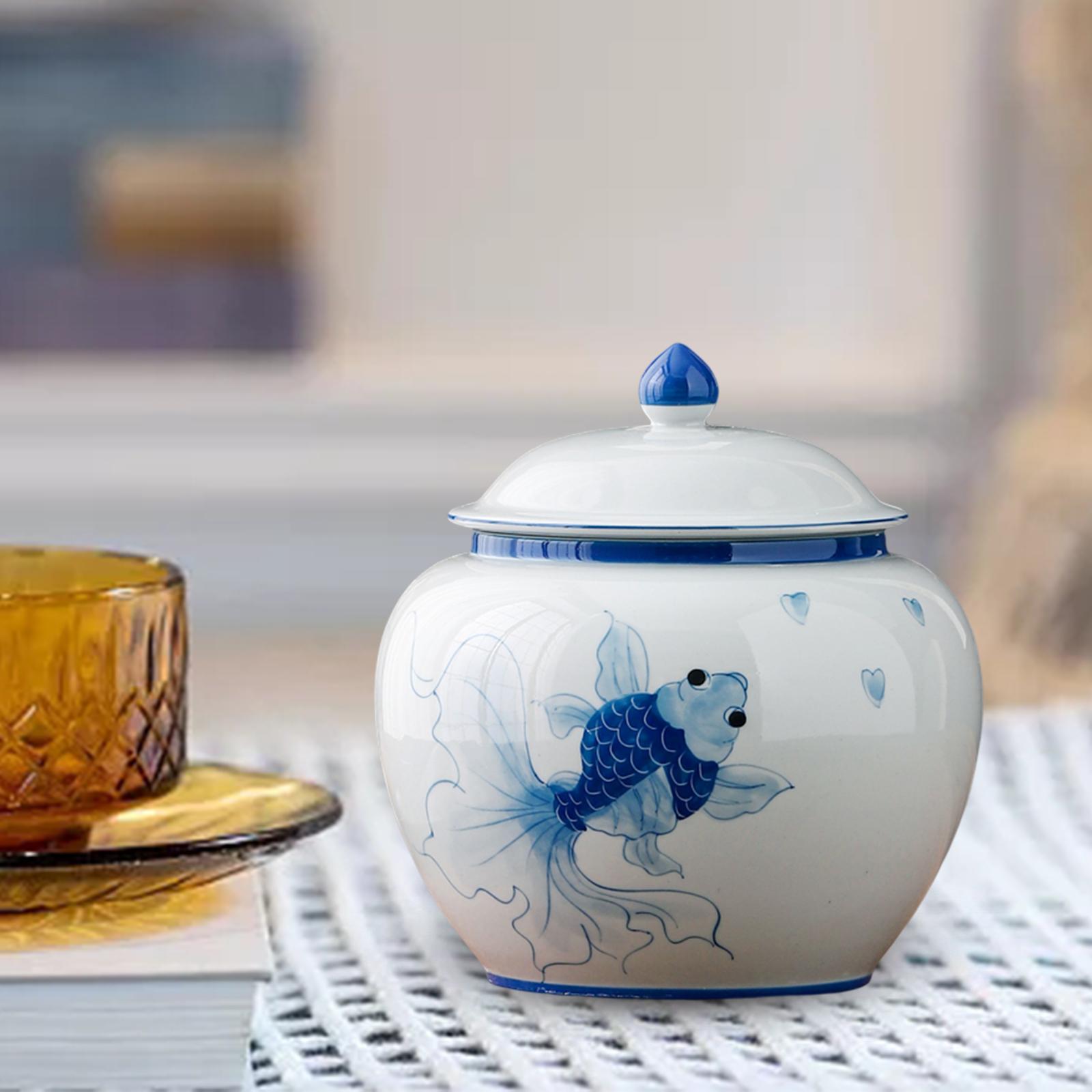 Ceramic Ginger Jar Tea Storage Jar Handicraft Floral Arrangement Traditional Fish Blue S