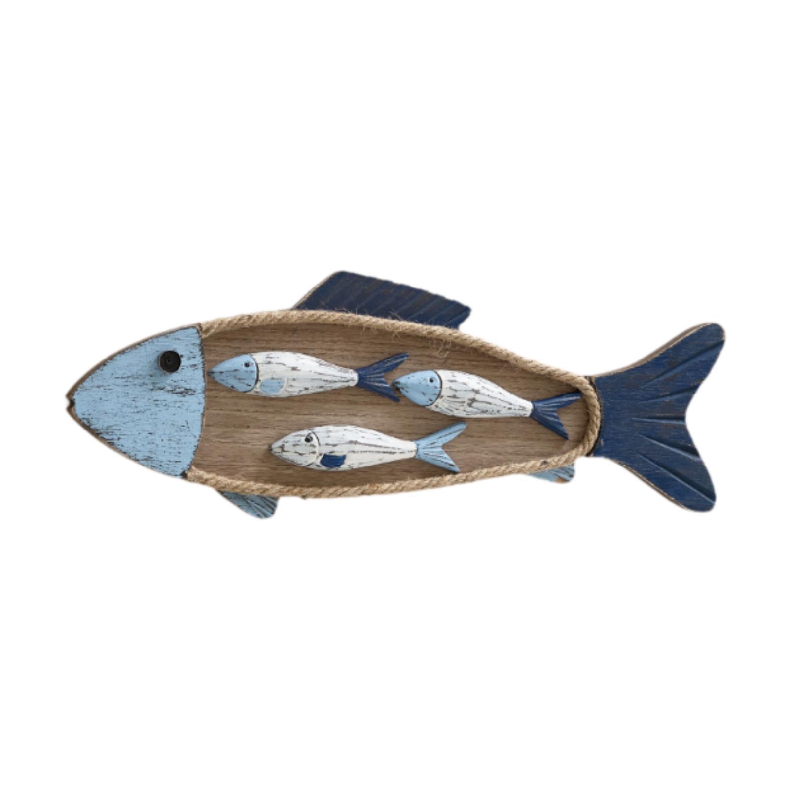 Wooden Fish Wall Art Decor Hanging Wood Fish Farmhouse Garden Wall Sculpture with 3 Small Fishes