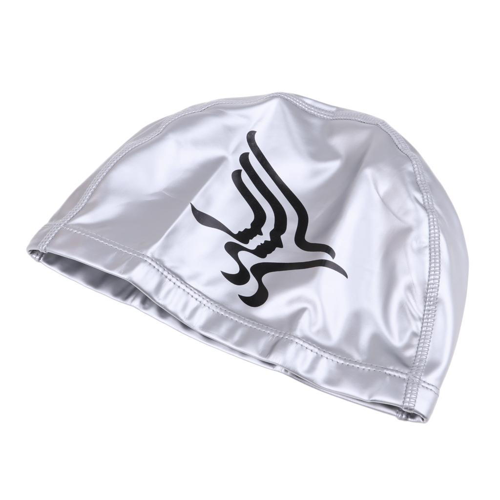 Unisex PU Waterproof Swimming Cap Hat Ear Long Hair Cover Bathing Cap Silver