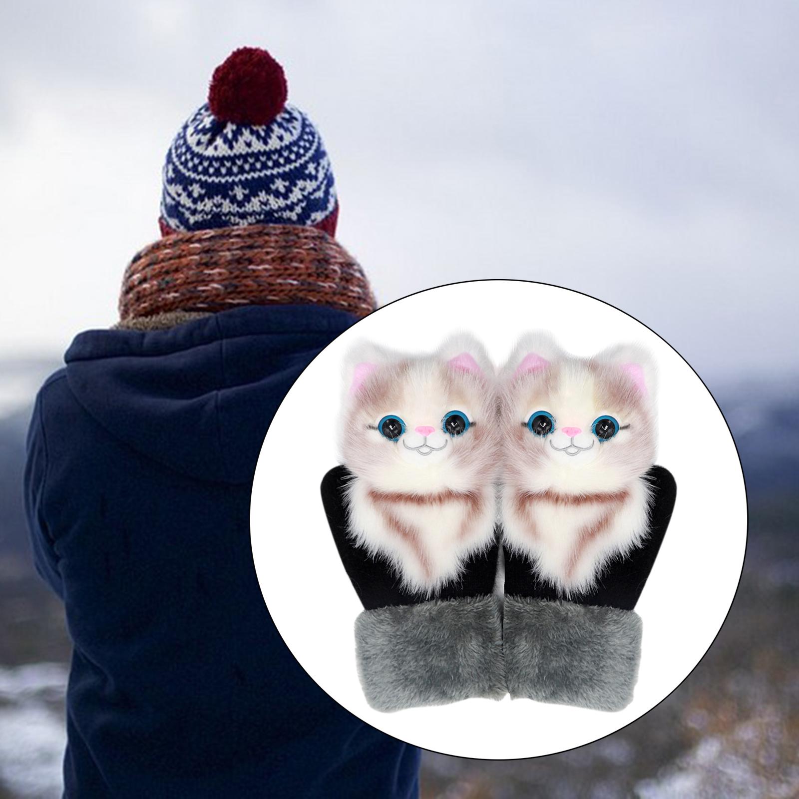 Woman Cartoon Winter Warm Mittens Full Finger Glove Knitted  doll cat