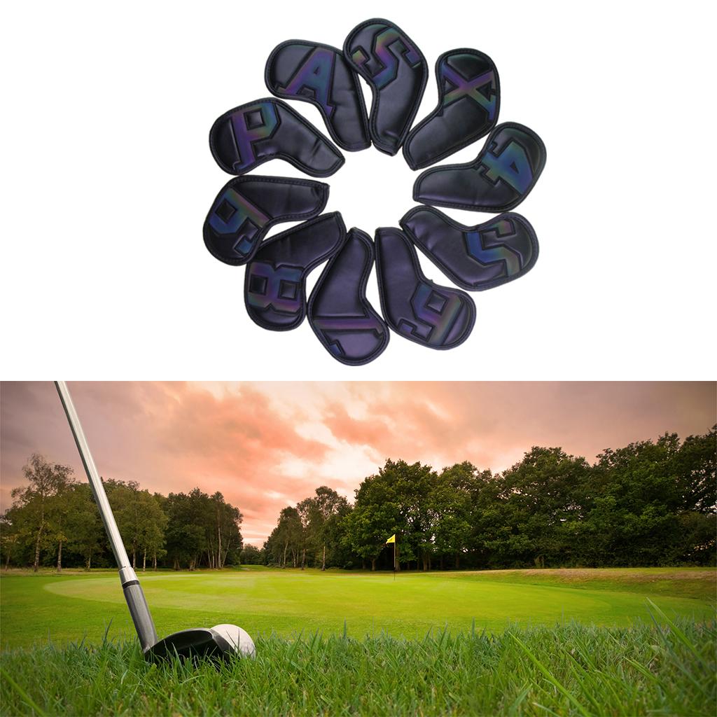 10Pcs Golf Iron Club Head Covers Waterproof Headcovers Black Dazzling Laser