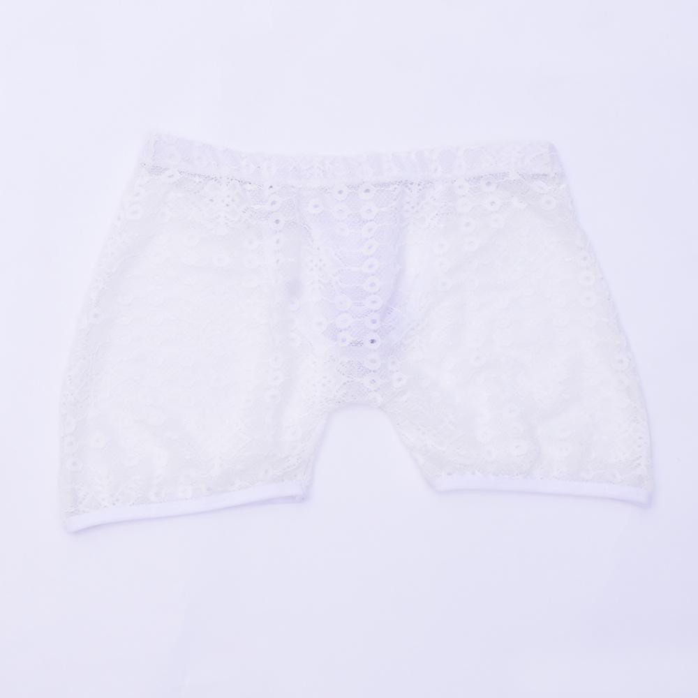 Sexy Men's Lace See Through Hollow-out Sheer Boxer Underwear White