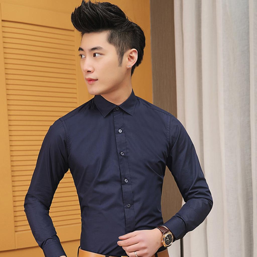 Men’s Long Sleeve Plain Shirt Slim Fit Button up Dress Shirts Casual ...