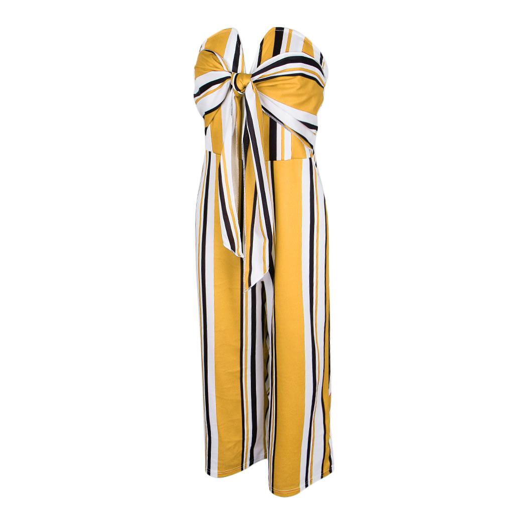 Striped Tie Front Strapless Jumpsuit Long Wide Leg Pants Romper L Yellow