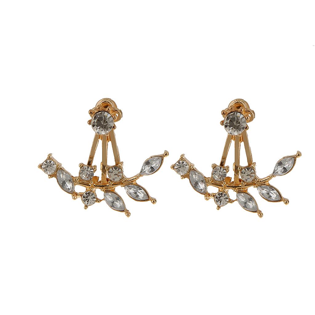 Fashion Branch Leaf Shape Earrings Crystal Back Cuff Ear Stud Jewelry Gold 
