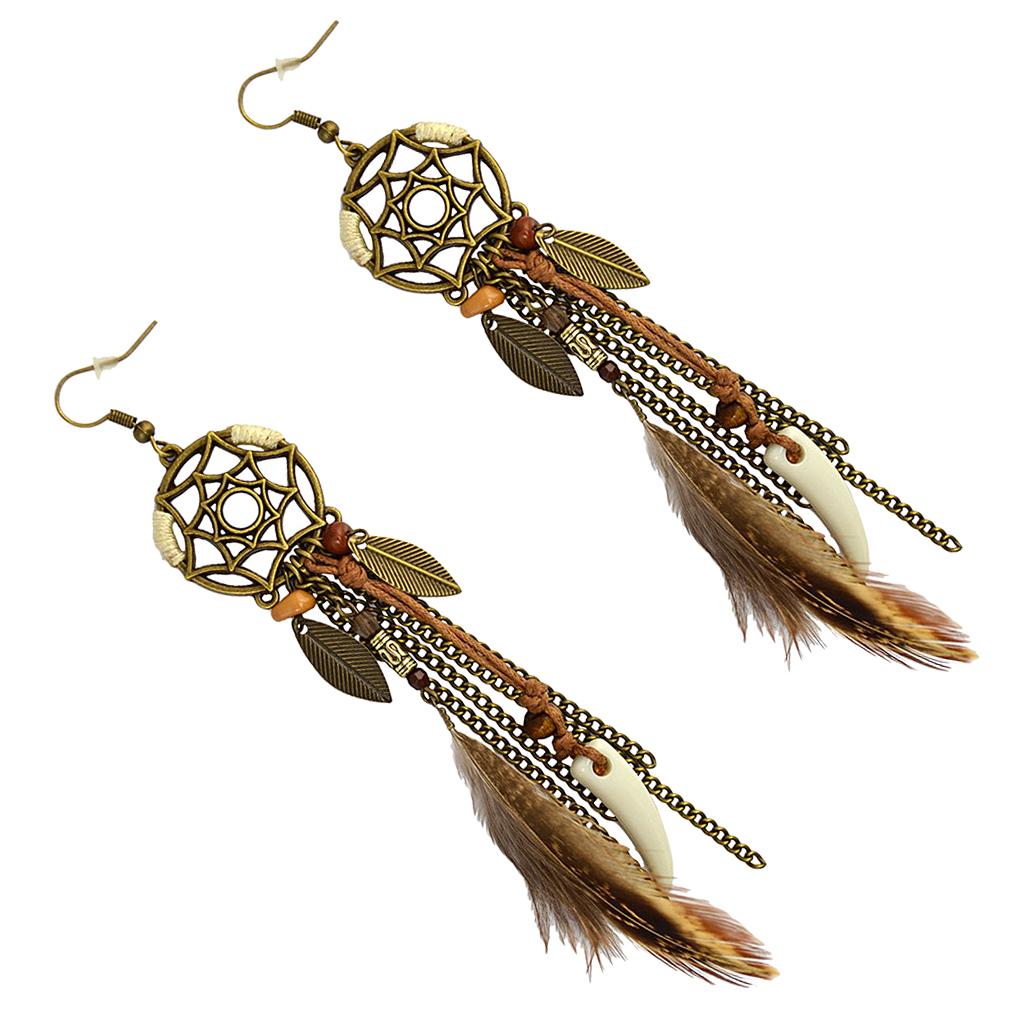 Bohemian Long Tassel  Fringed Earring Fause Feather Catcher Dangle Brown