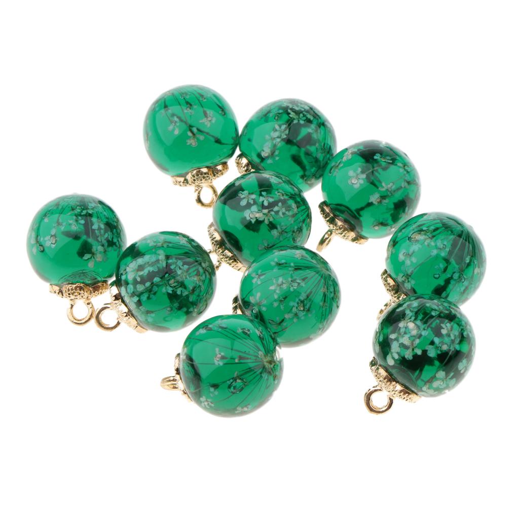 10pcs Dried Flower Glass Ball Pendant DIY Earring Dangle Craft Dark Green