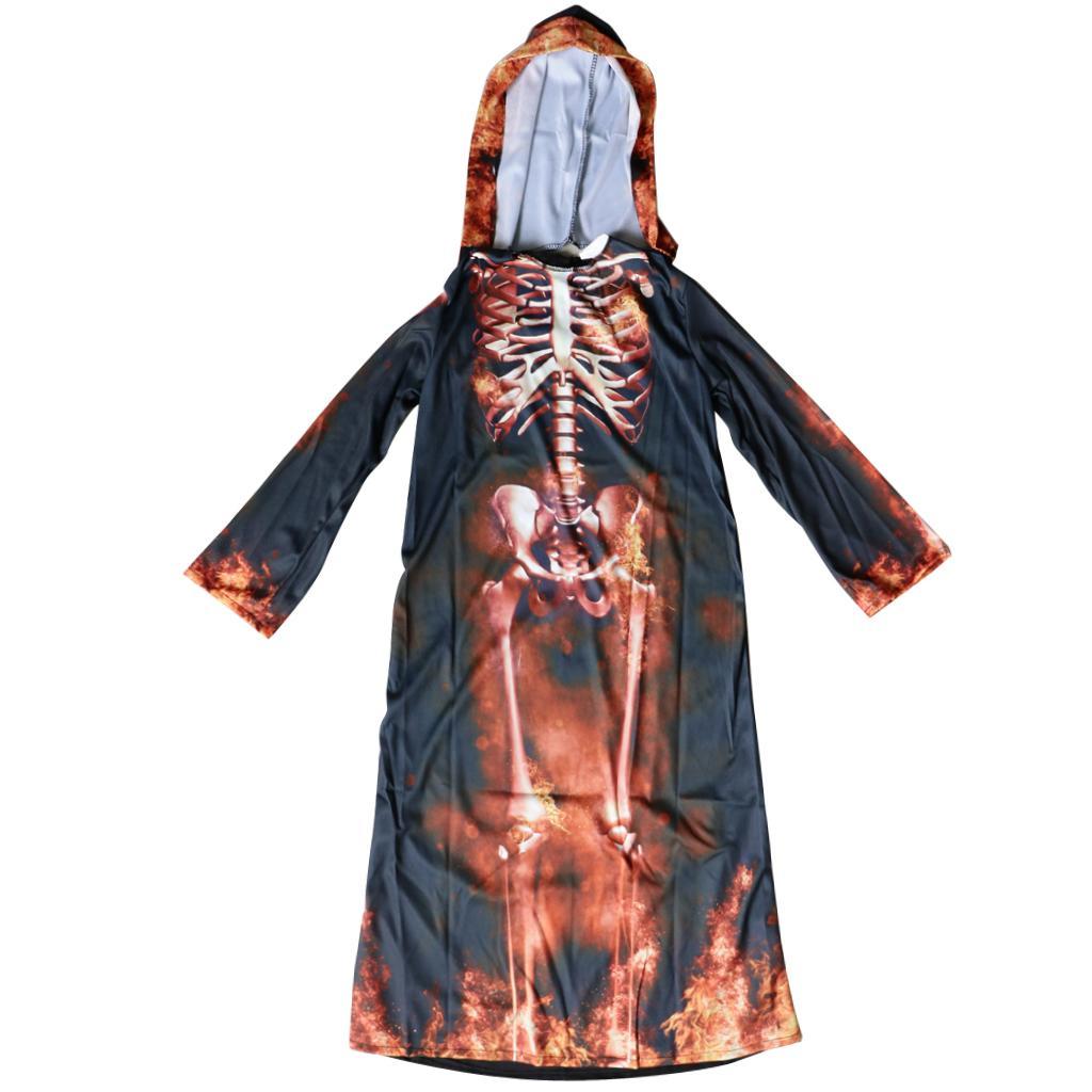 Halloween Kids Flame Skeleton Hooded Robe Costume Halloween Fancy Dress  M